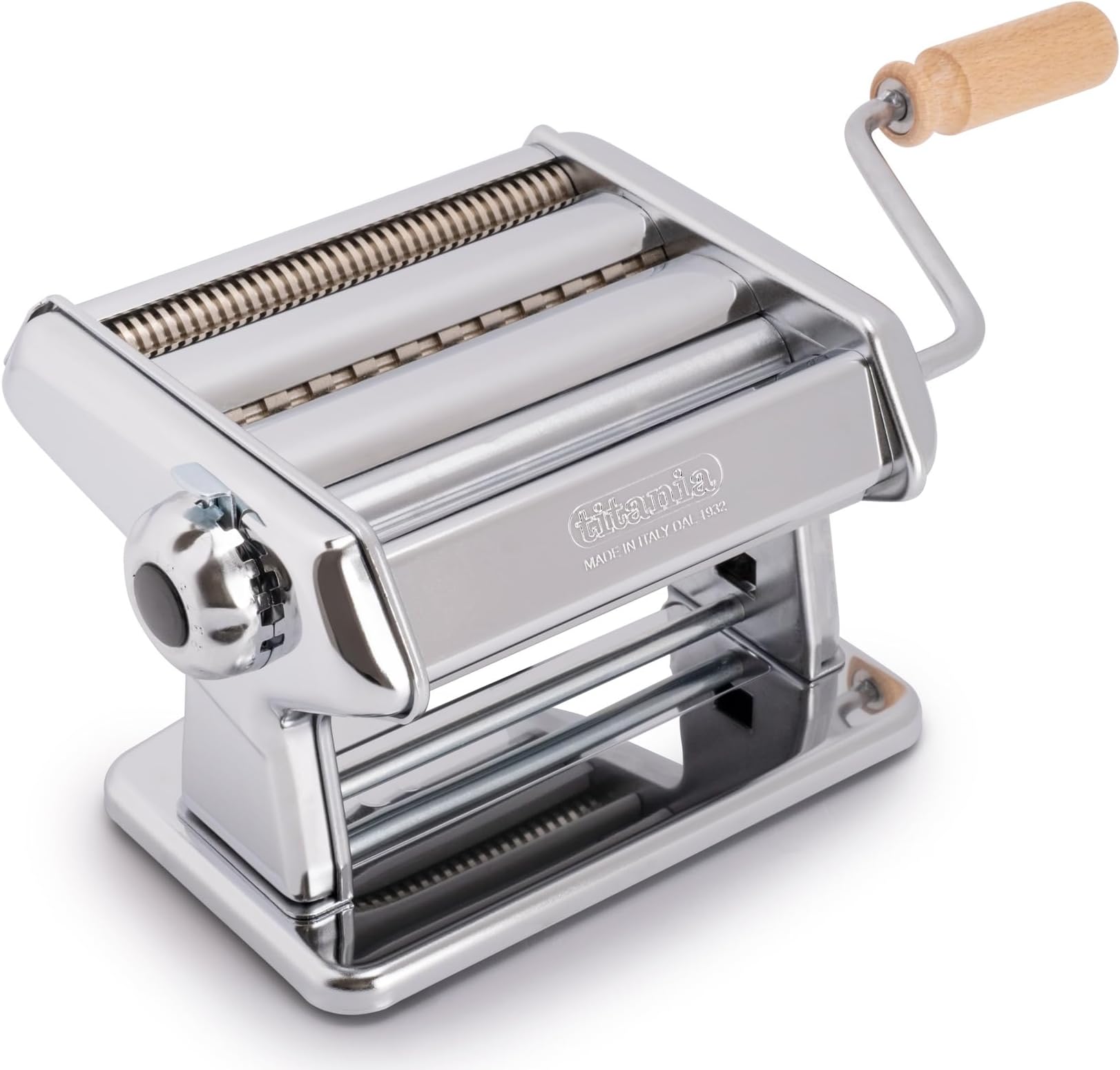 Titania Pasta Maker- Machine is 100% Made in Italy- Heavy Duty Steel Construction, Manual Roller with Wooden Handle- Cutter for Lasanga, Fettucine & More- Make Fresh Homemade Italian Noodles