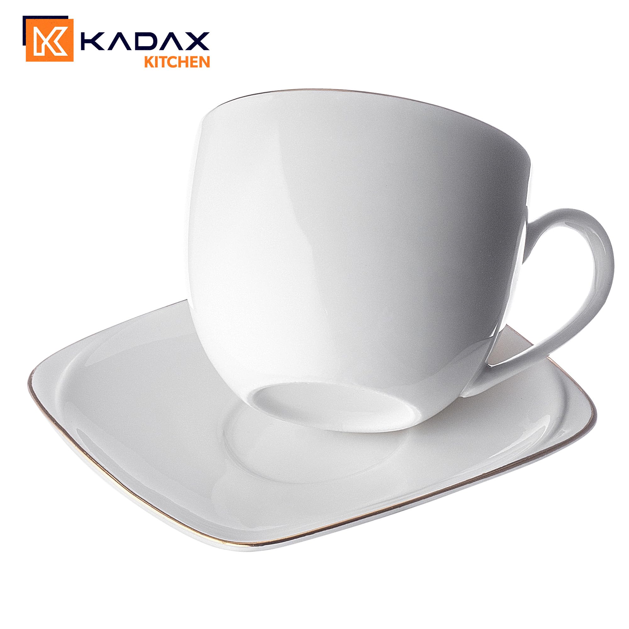 Set Da 6 Tazze Con Piattino In Porcellana KADAX Da 250 Ml: Eleganti, Impilabili E Resistenti, Ideali Per Caffè, Tè E Cappuccino - Bianco Round Con Dettagli Oro!