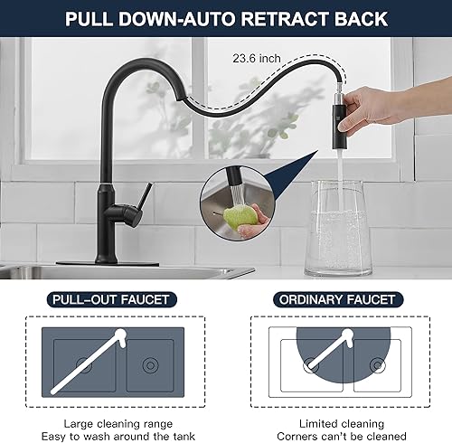 Miniatura 8 de Grifo de cocina de níquel cepillado con rociador extraíble, grifo de fregadero de cocina de arco alto con placa de cubierta, grifo de lavandería