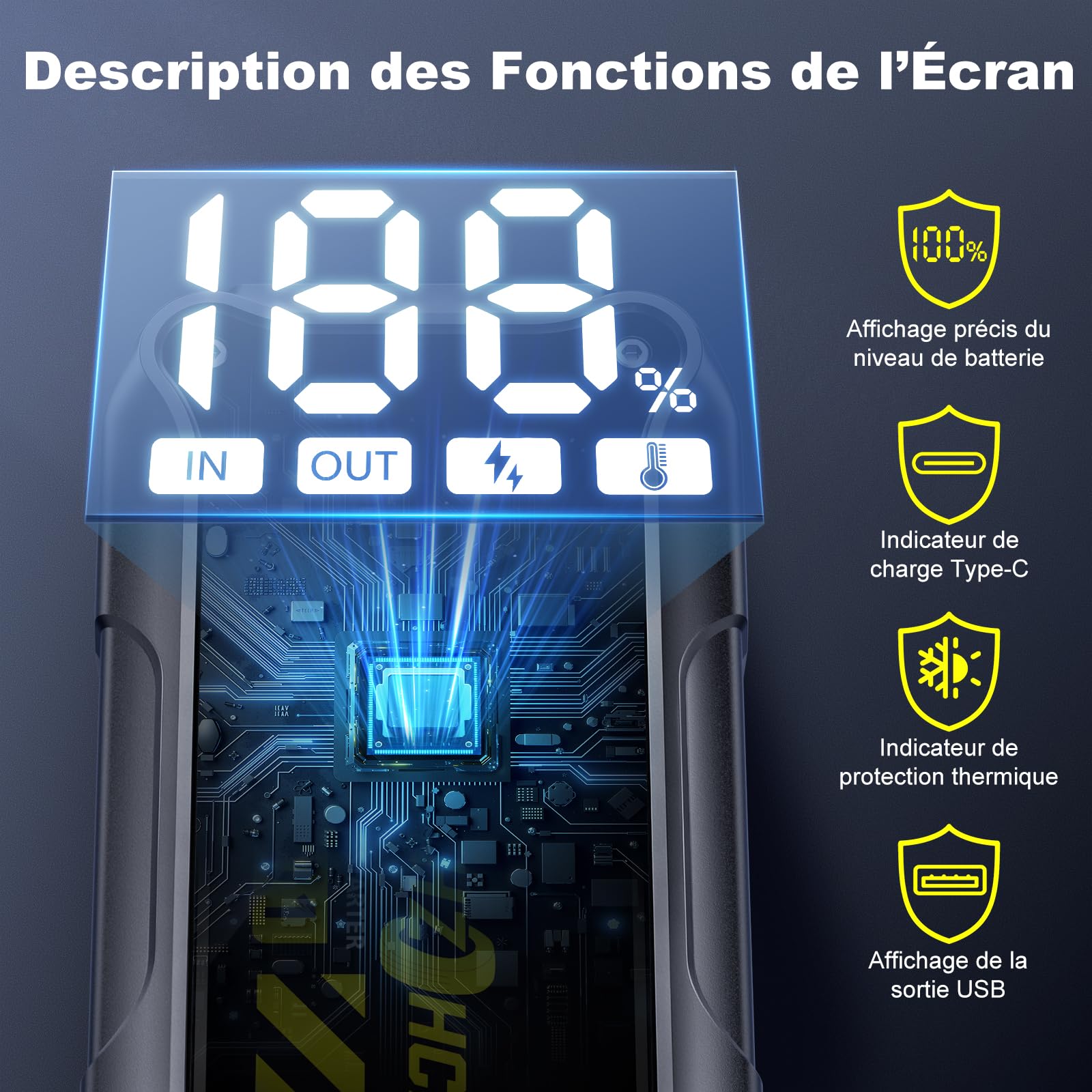 Booster Batterie Voiture 7000A Démarreur de Voiture 12V Démarreur de Batterie (Jusqu’à 10L Essence & 8L Diesel) Portable Jump Starter Moto Camion avec LED de Secours, Pinces de Sûreté Intelligentes