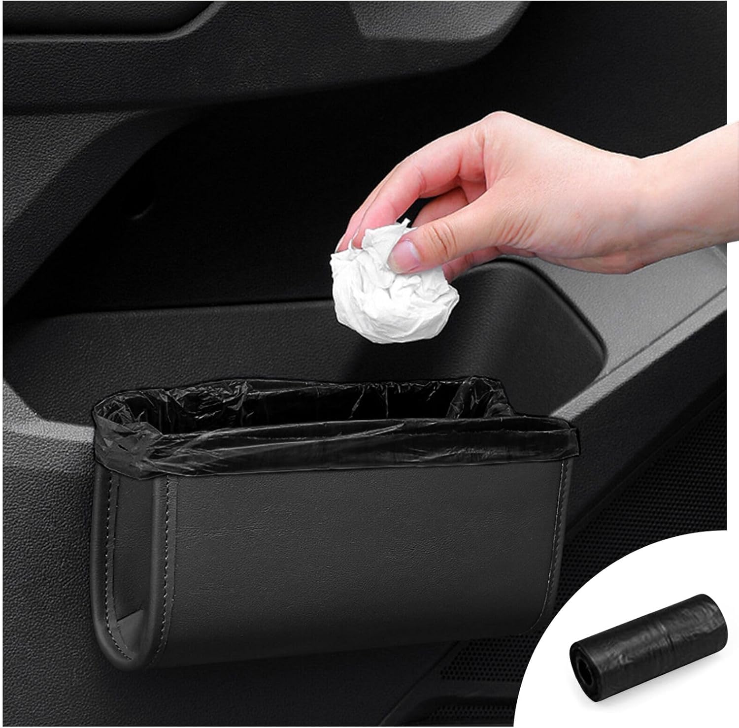 Zmoso - Papelera de cuero para coche, organizador de puerta con rollo de bolsa de basura, plegable, colgante, minicoches, imprescindibles, accesorios de interior, color negro