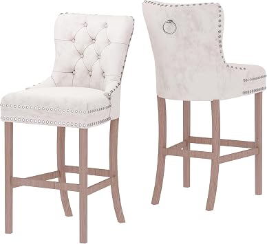 Recaceik Velvet Counter Height Bar Stools Set of 2, Upholstered Tufted Bar Stools with Back, 27" Kitchen Counter Stool for Island, High Back Kitchen Island Chairs for Home Bar, Dining RoomBeige