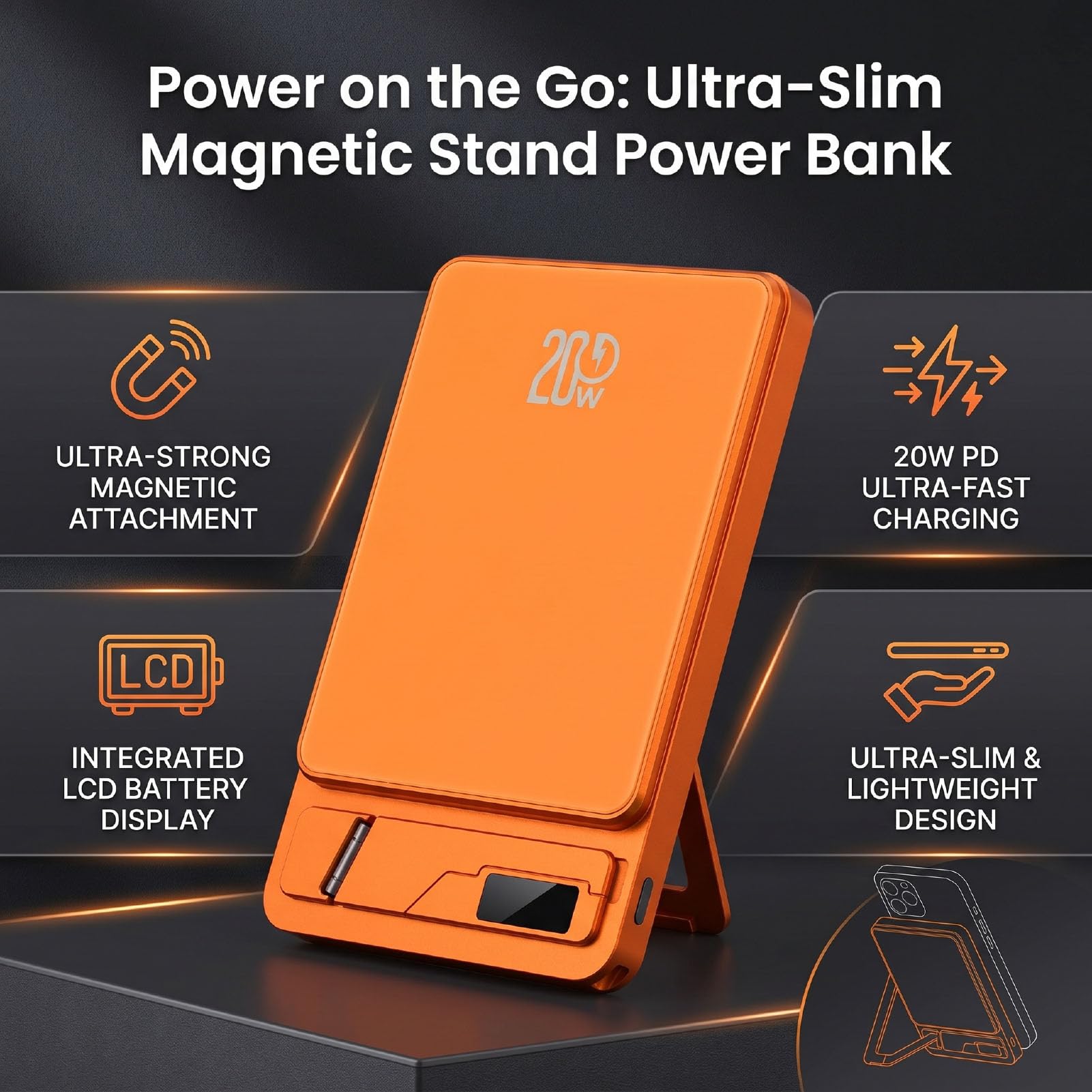 Batterie Externe Magnétique sans Fil 3 en 1, Chargeur Portable 10 000 MAh avec Charge Rapide PD 20 W, Charge sans Fil 15 W, écran LCD et Support intégré, pour Smartphones (Orange)