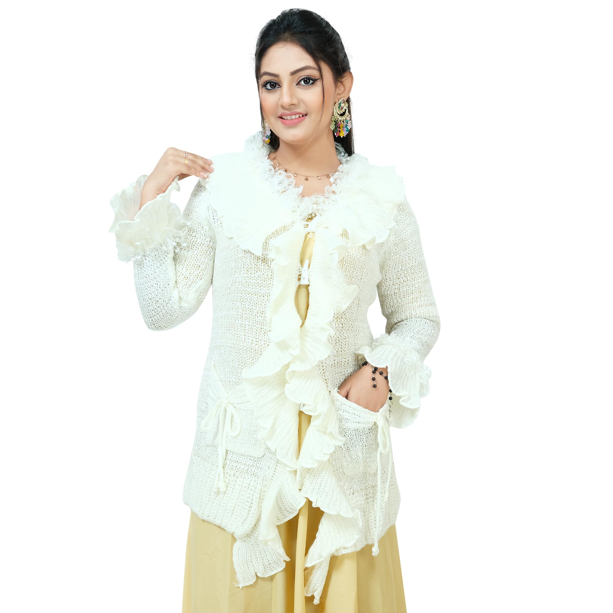 Women's Knitted Stretchable Cardigan Front-Open Full Sleeve Winterwear Woolen Sweater (ONE Size FIT to 36-42 INCH Bust) White-image-8