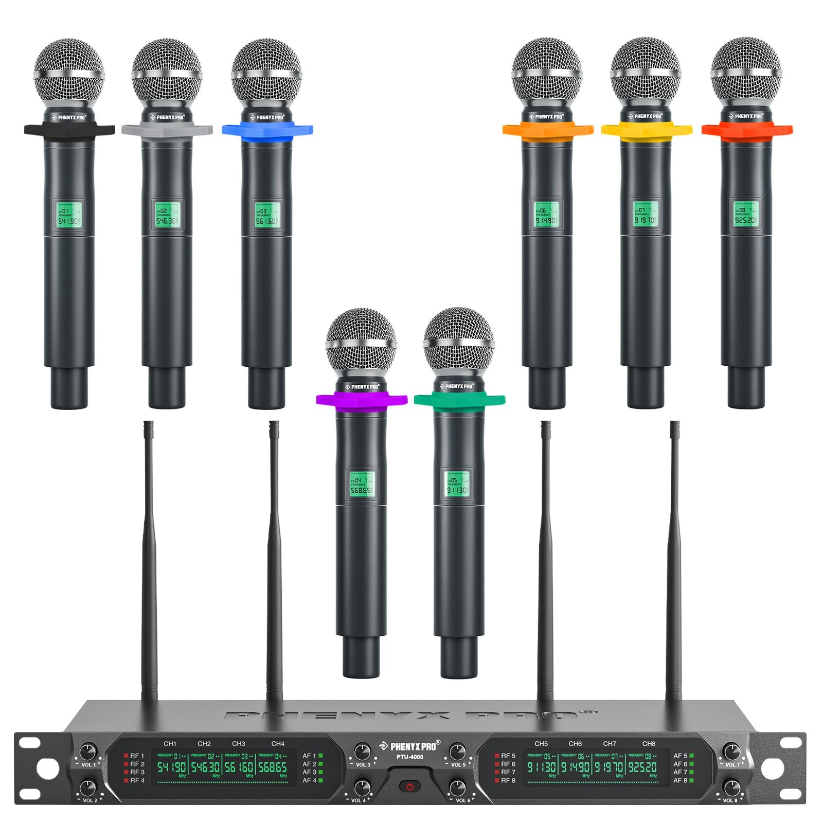 Phenyx Pro Drahtloses Mikrofonsystem, 8-Kanal UHF kabelloses Mikrofon mit Metall-Handmikrofonen, dynamisches Festfrequenz-Mikrofon für Karaoke, Kirche, Gesang, DJ, 260ft Reichweite (PTU-4000-8H)
