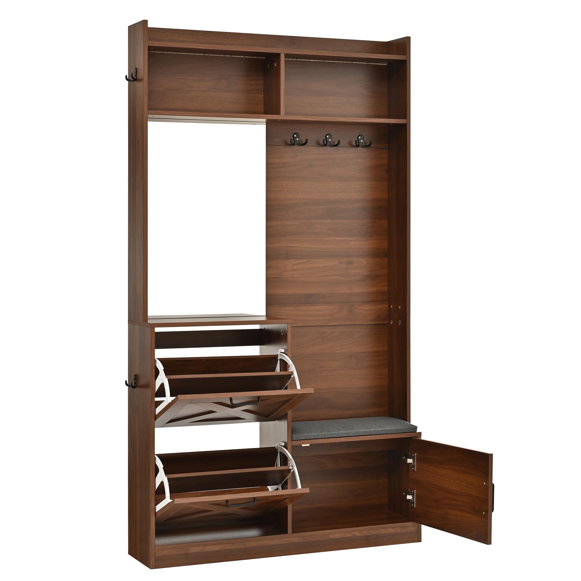 Armario compacto para pasillo con 2 compartimentos para zapatos plegables, espejo de cuerpo entero, LED de color ajustable mediante aplicación, asas de metal, cuerpo de PB+MDF