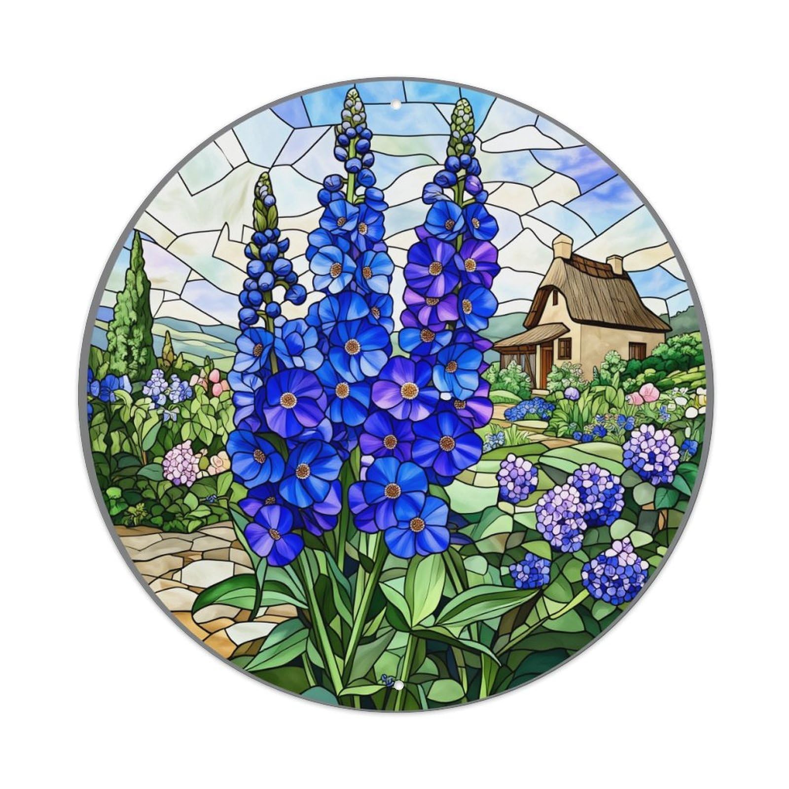 Stained Glass Floral Garden Scene Round Tin Sign Vintage Metal Sign Home Bar Garden Indoor & Outdoor Wall Decor Retro Metal Poster 8x8 Inch