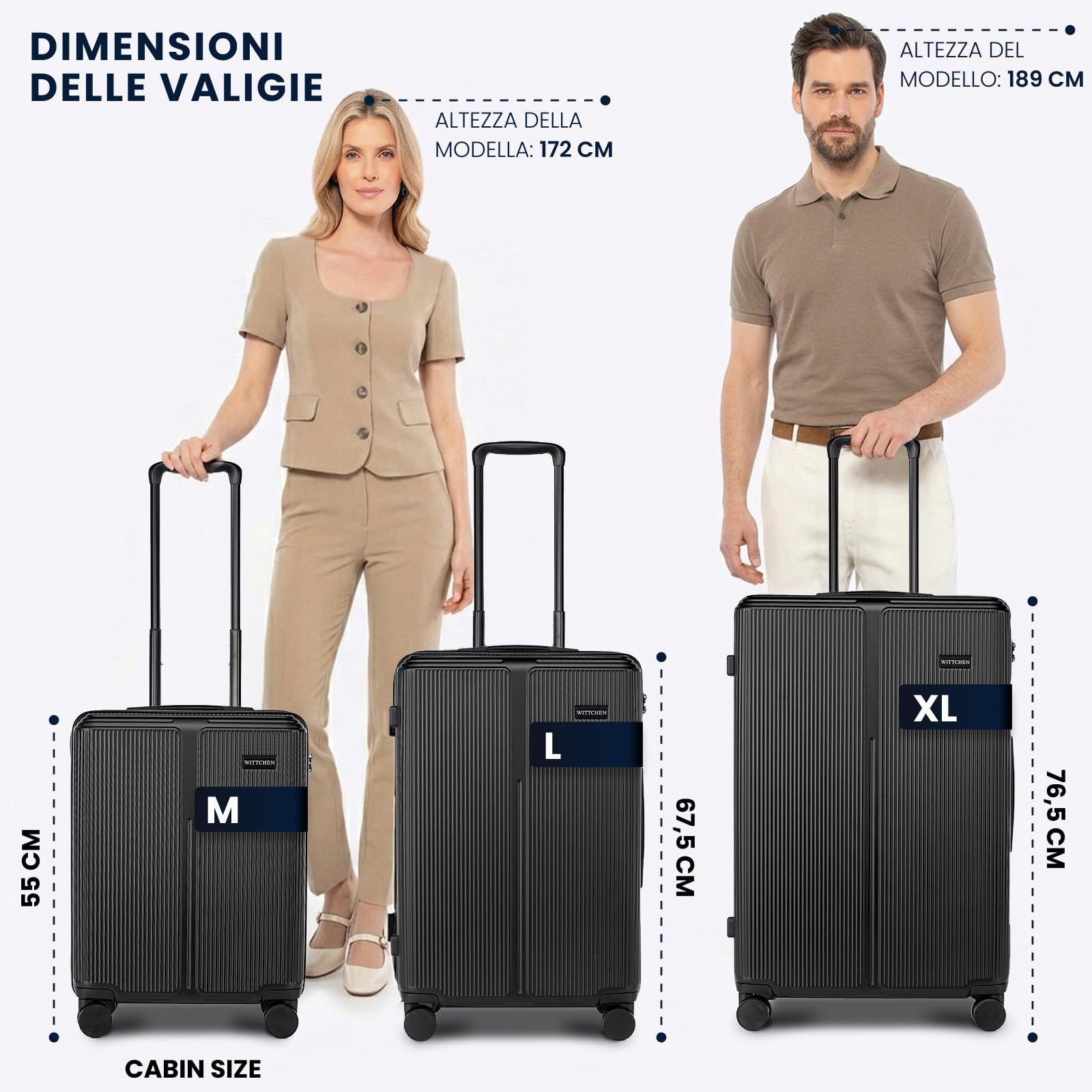 WITTCHEN Stripes Line Valigia grande (XL) | 76,5 × 50 × 29 cm (96 L), ABS rigido, 4 ruote 360° e lucchetto a combinazione | Trolley grande formato XL, Ryanair/ITA Airways - Colore: Nero
