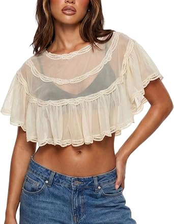 Womens Sheer Lace Cropped Top Y2K See Through Summer Poncho