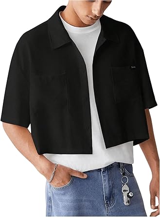 SHENHE Mens Summer Short Sleeve Button Down Crop Shirt Loose Fit Casual Shirt with Pockets