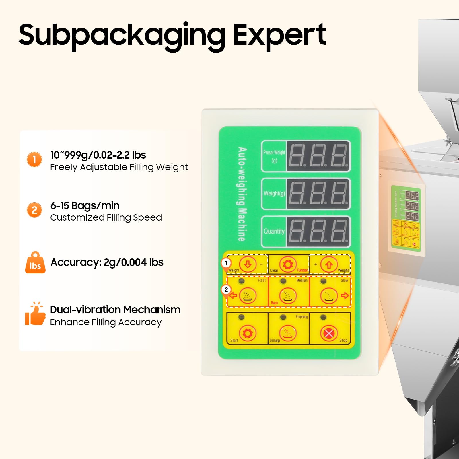 200W Automatische Abfüllmaschine 10-999g (0,02–2,2 lbs), Edelstahl Verpackungsmaschine mit Fußpedal, Dual-Vibrationstechnologie Wiegefüllmaschine für Bohnen Samen Körner Tee