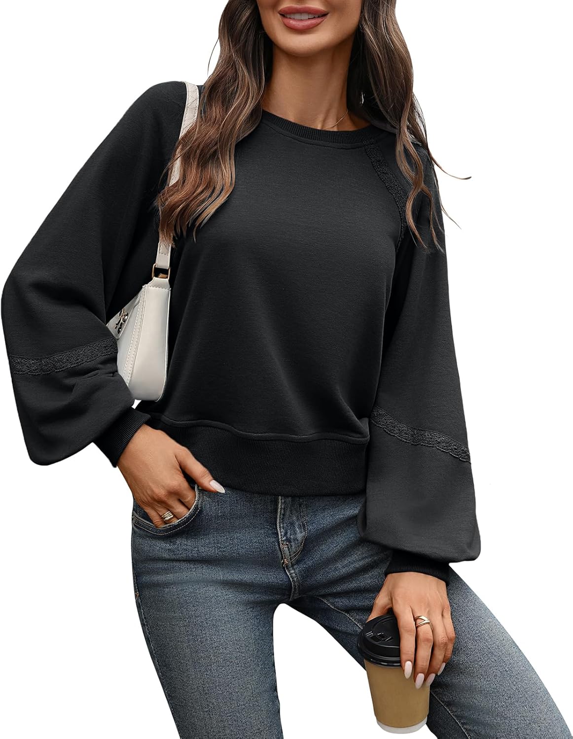 Women's Cropped Sweatshirt Oversized Lace Lantern Long Sleeve Crewneck Cotton 2025 Loose Fit Pullover