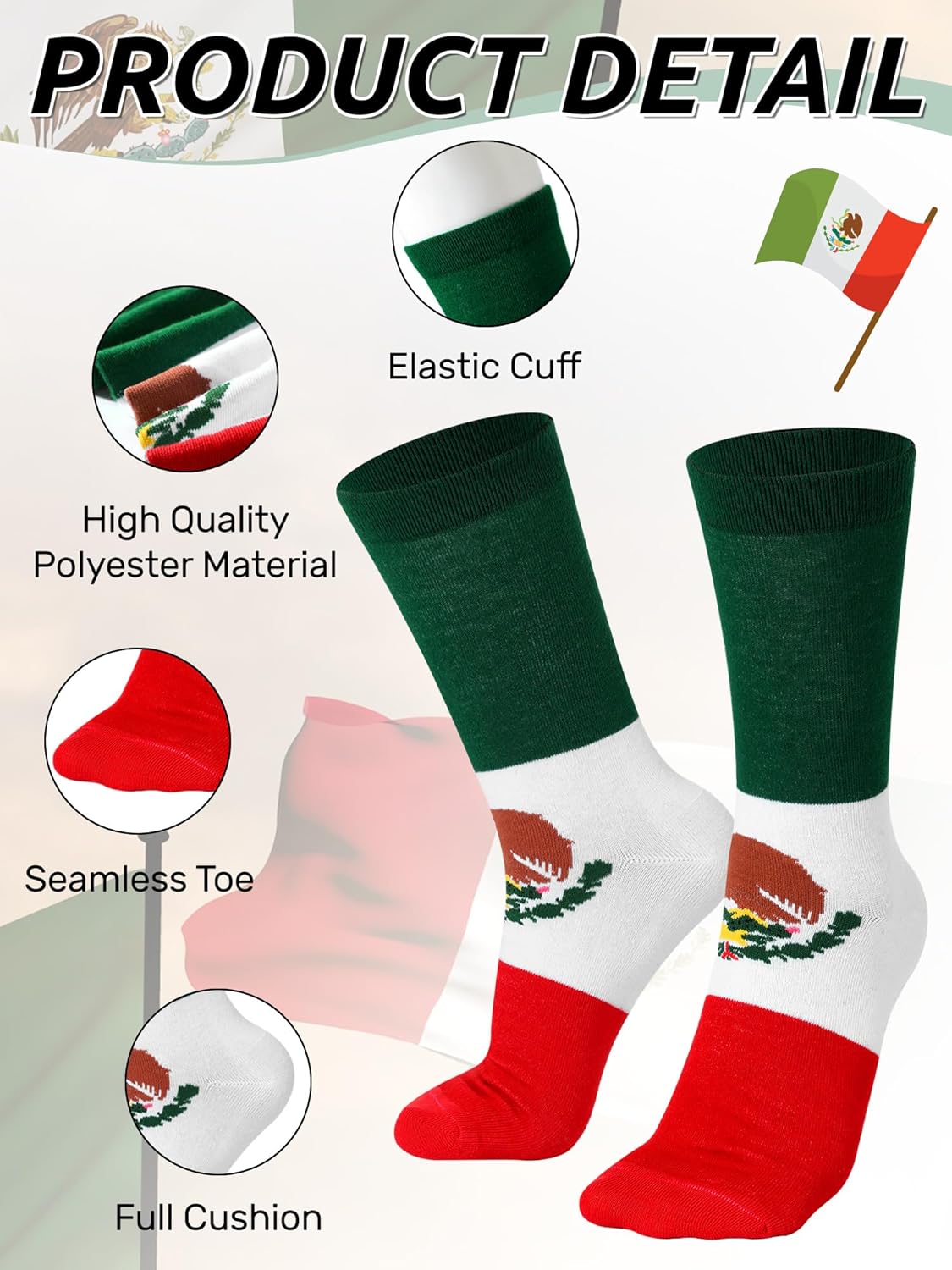 4 Pairs Mexican Flag Crew Socks Novelty Mexican Gifts and Souvenirs Funny Dress Socks for Men Women - Image 5