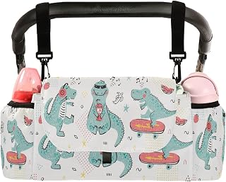 CUPADA Funny Cartoon Music Dinosaur Universal Stroller Organizer, Stroller Organizer Bag with Cup Holders Removable Shoulder Strap Fits Most Baby and Pet Strollers