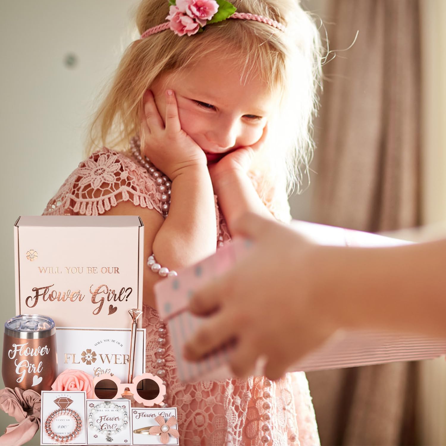 BESZONE Flower Girl Proposal Box 9 Pcs Gift Set Basket, Will You Be My Flower Girl Gift from Bride, Cup Sunglasses Bracelet Hair Clip Hair Ties Proposal Card Pen Tumbler