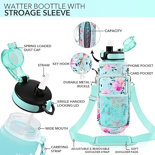 Vista 15 de Botella de agua de 32 onzas con popote y manga, botella de agua motivacional con marcador de tiempo y correa de hombro ajustable, sin BPA, jarra
