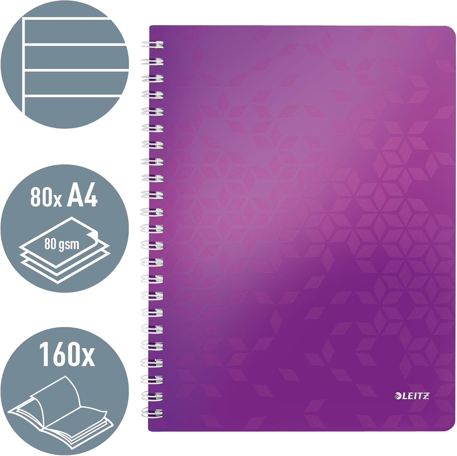 Leitz A4 Flexible Cover Notebook, Purple (Wire Bound, 80 Sheets, Ruled, 90 GSM Ivory Paper, Wow Range), Pack of 1
