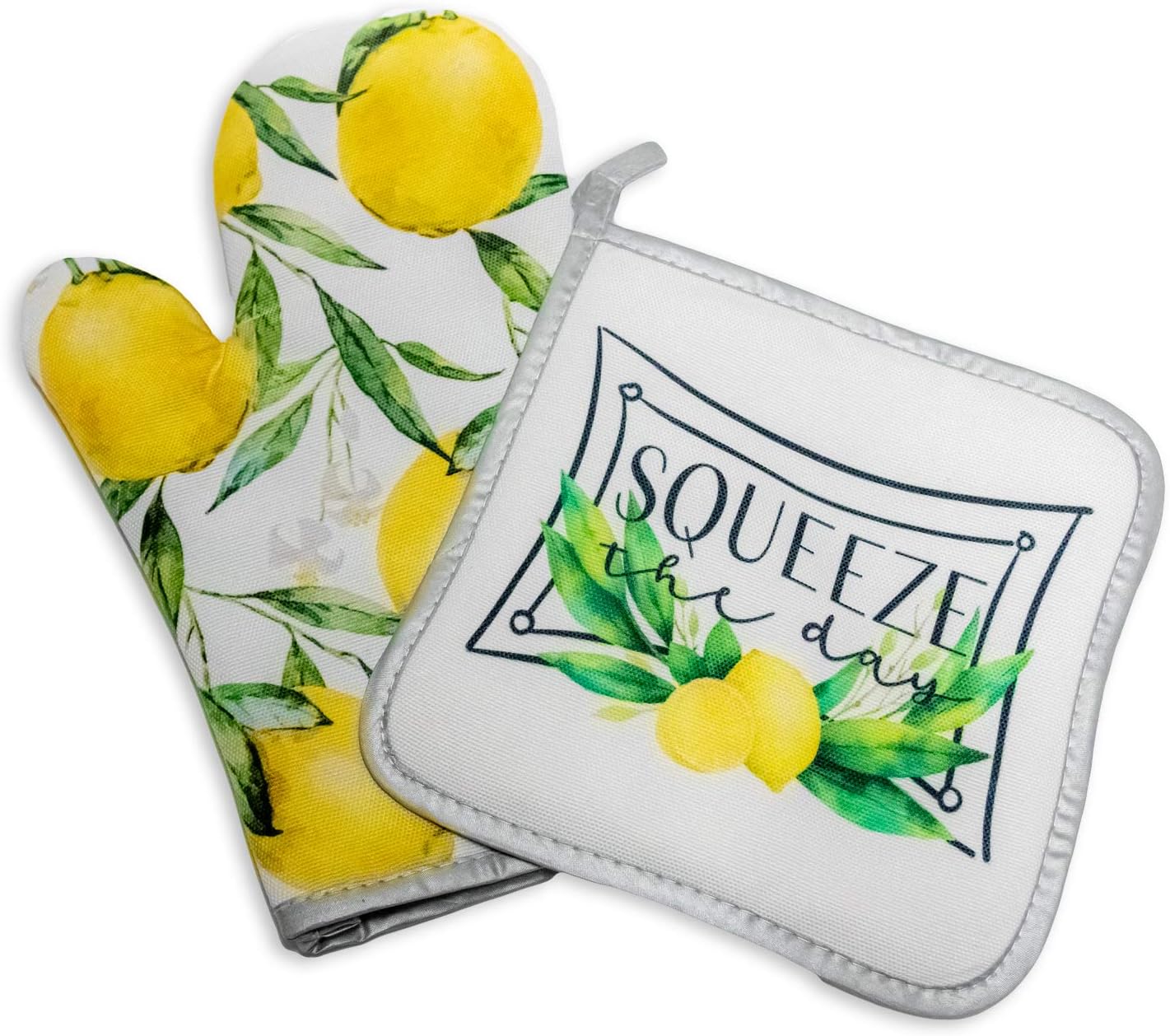 Serenity Home Goods Lemon Oven Mitt & Pot Holder Set – Decorative 2-Piece Kitchen Set | “Squeeze the Day” Lemons Theme | 100% Polyester | Farmhouse Kitchen Décor, Lemon Gifts