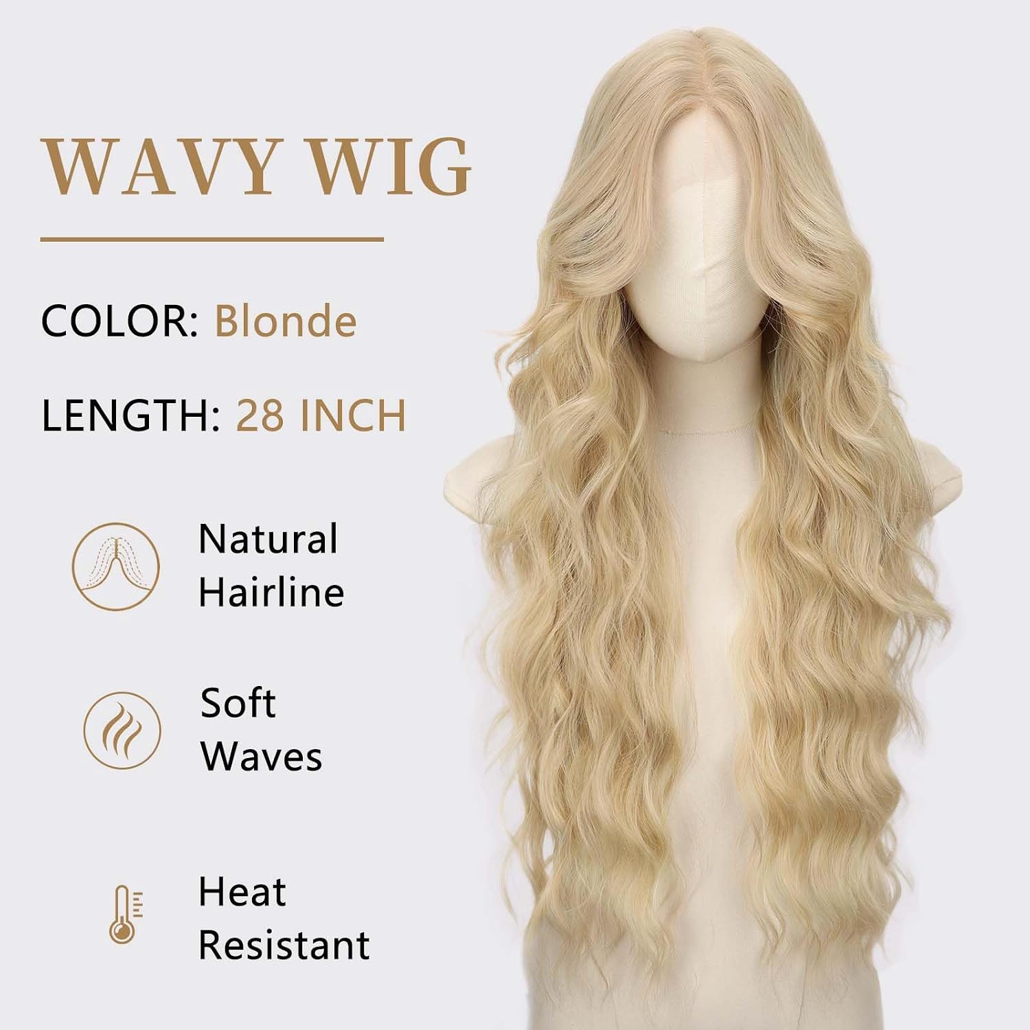 AISI HAIR T Part Long Blonde Wavy Lace Wig for Women，Natural Looking Synthetic Wave Wig，28 Inch