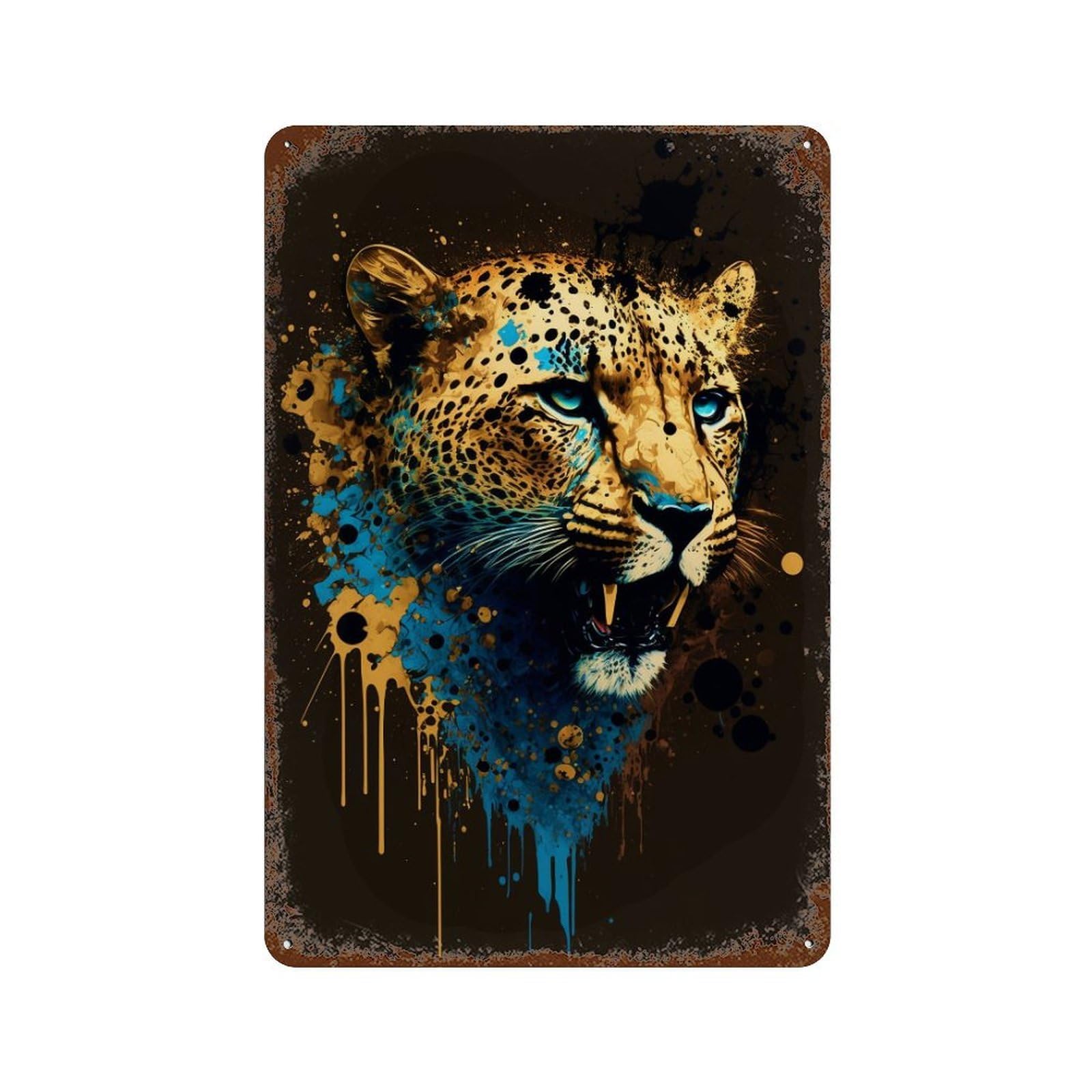 Leopard Art Print Distressed Metal Wall Sign 11.8"x7.9", Industrial Home Decor for Garage, Pub Or Kitchen