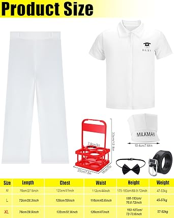 Cozypower 6 Pcs Halloween 50's Milkman Costume Set Include Milkman Hat Shirt Pants Bow Tie Belt Milk Basket for Cosplay Party