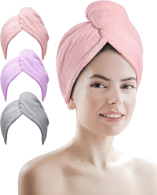 Microfibre Hair Towel, 3 Pack Super Absorbent Hair Towel Wrap with Button Design. Extremely Soft Hair Wrap Towel, Traveling, Beach Excursions, Sports, Grey/ Pink/ Purple Microfibre Towel