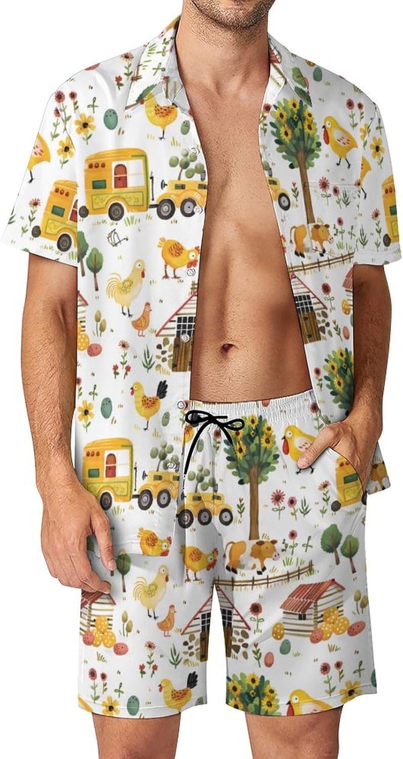Farm Animals Men's Summer Beach Outfits Shirt And Shorts Set 2 Piece Vacation Swimwear