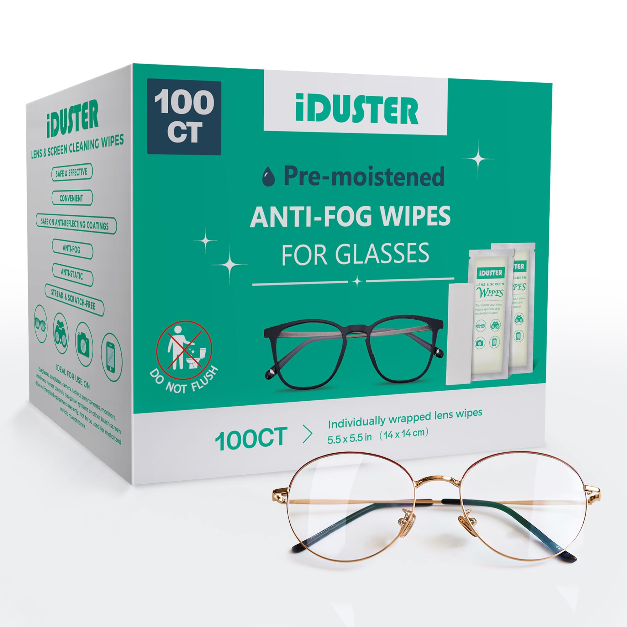 iDuster Pre-Moistened Lens Cleaning Wipes - Individually Wrapped Streak-Free Cleaning for Glasses Laptop Screens Glasses Cleaner Wipe Sunglasses