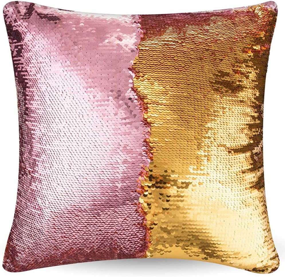 URSKYTOUS Reversible Sequin Pillow Case Decorative Mermaid Pillow Cover Color Changing Cushion Throw Pillowcase 16โ x 16โ,Pink and Gold