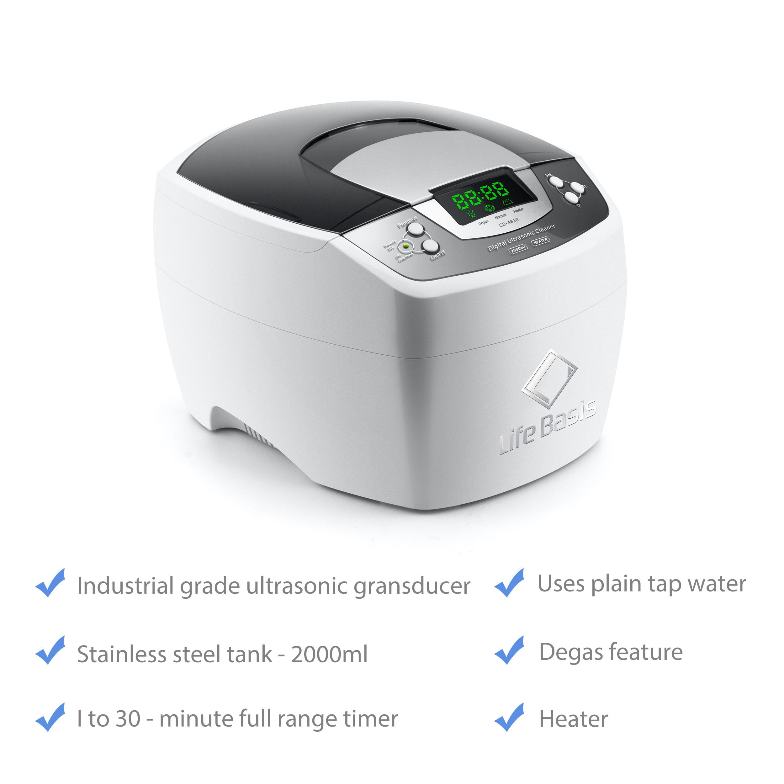 LifeBasis 2L Digital Ultraschallreinigungsgerät 35KHz Ultraschallreiniger | mit Heizung & Degas Ultraschall Reiniger Timer 1-30 Min Ultraschallbad für Brille Schmuck Werkzeug Pinsel Chirurgisch 160W