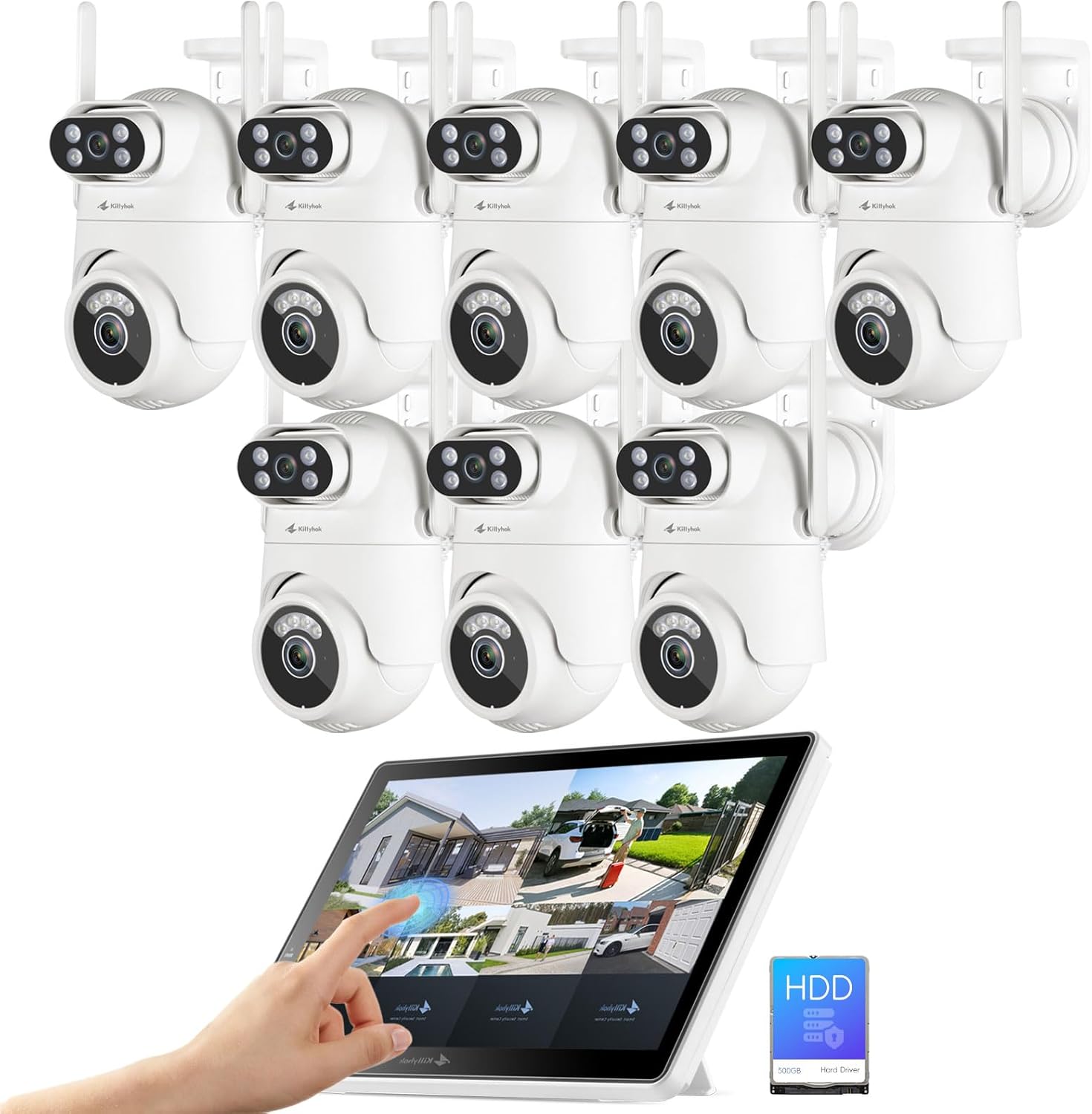 Wireless Security Camera System with 10" Touchscreen Monitor, 8pcs Dual Lens 2K Security Cameras Wireless Outdoor with 2.4/5GHz WiFi, Auto Tracking, 10CH, 500GB HDD,KXSDK4 Bundle with CXD1-Pro