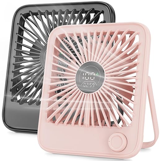 Ouddy Mode 2 Pack Small Desk Fan, Rechargeable Quiet Portable Travel Fan with 100 Wind Speeds Digital Display Black and Pink Personal Fans for Office Bedroom Home Outdoor