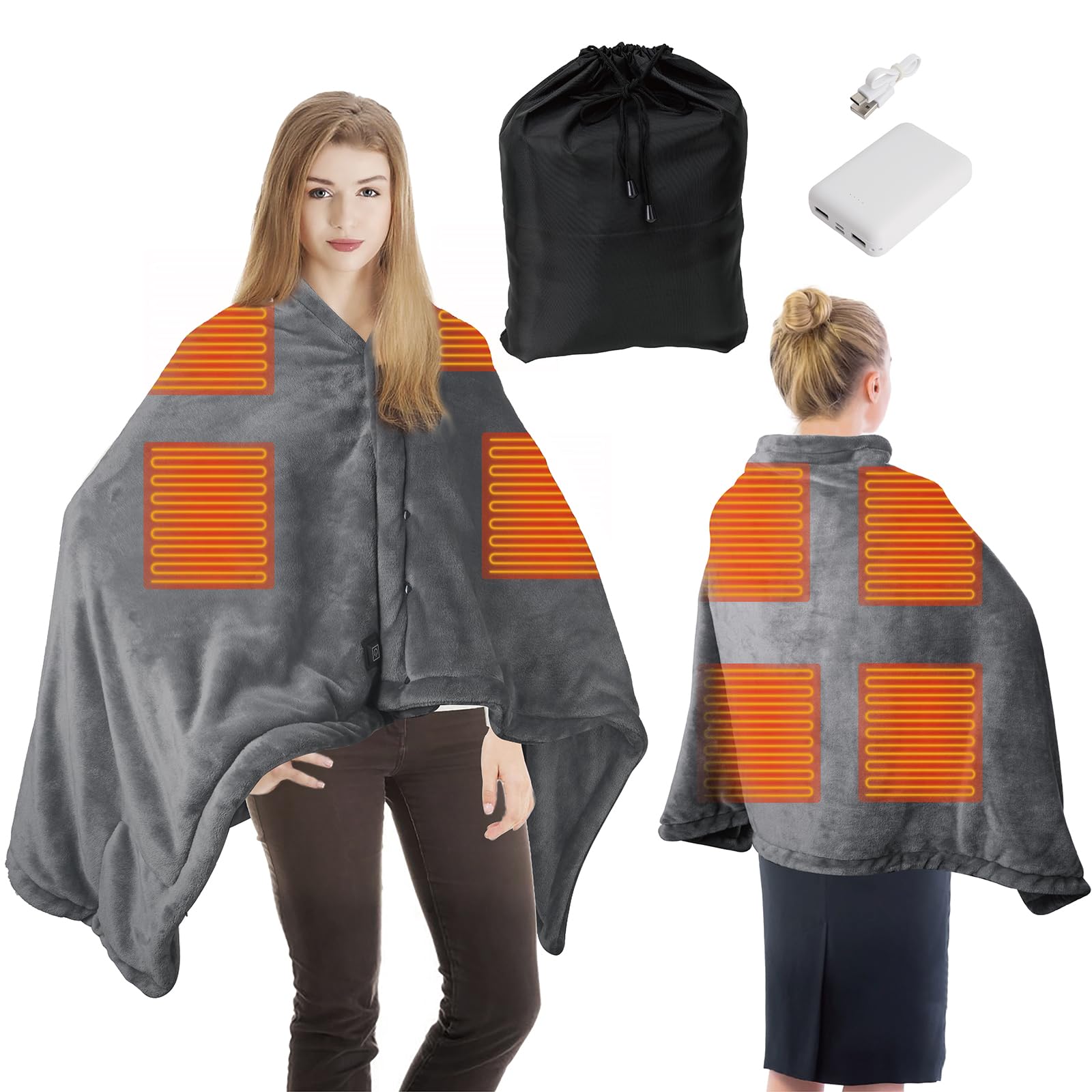 KADORVA Portable Battery Powered Heated Blanket with USB Power Bank – Electric Wearable Throw Shawl, 3 Heat Levels, Fast Heating Cordless Blanket for