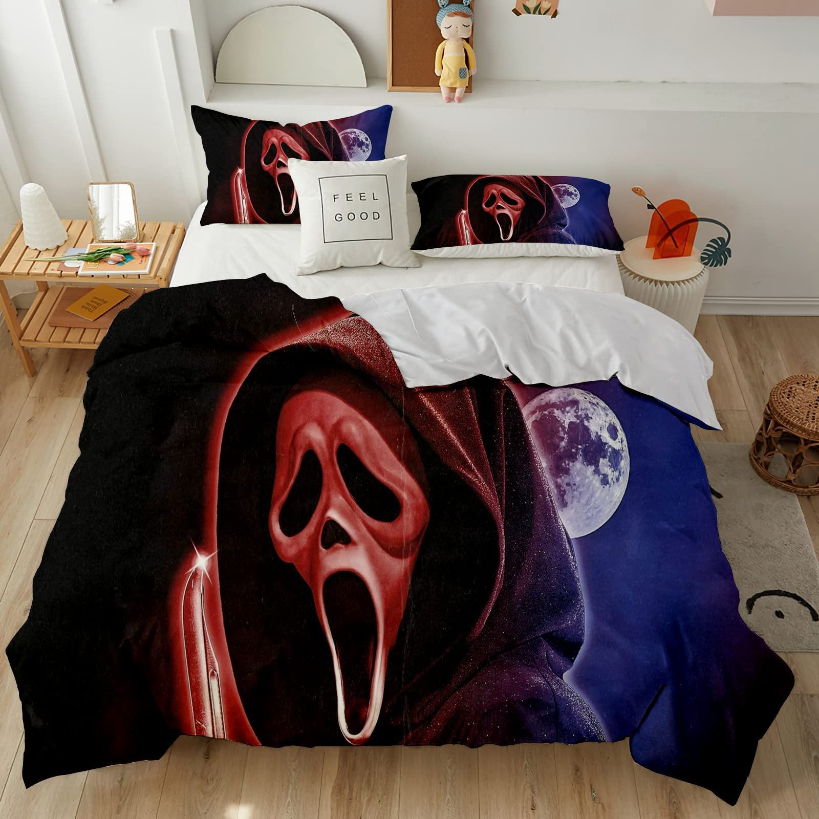 Horror Movie Halloween Skeleton Duvet Cover Bedding Set, 2/3pc Microfiber Men Teens Boys Kids Children Cover Modern Bedroom Single Double Quilt Cover and Pillowcase (Colour1,Double 200x200cm)