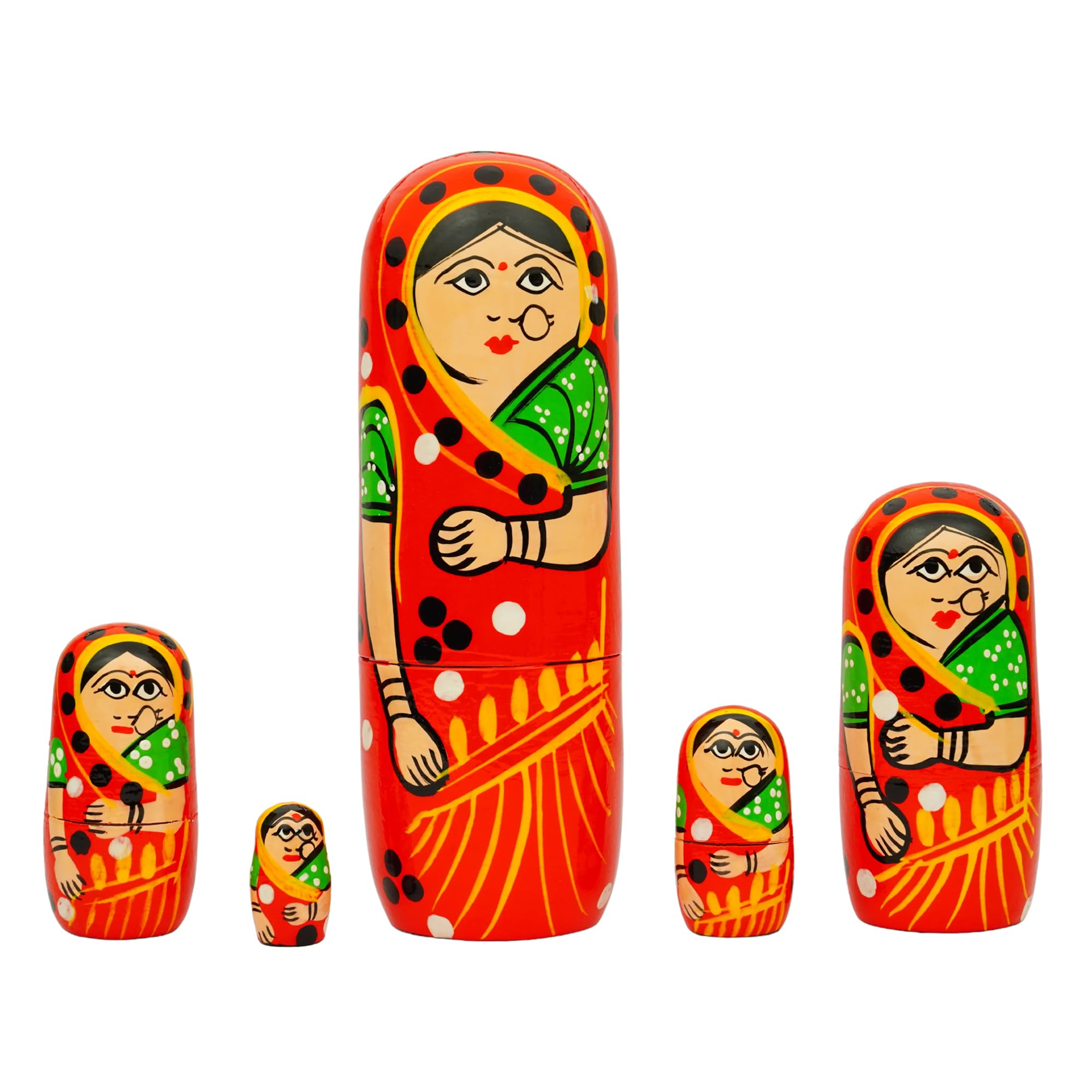 Fine Craft India Wooden Matryoshka Dolls Set of 5 – Hand Painted Indian Nesting Red Dolls for Kids, Gifts & Home Decor 4