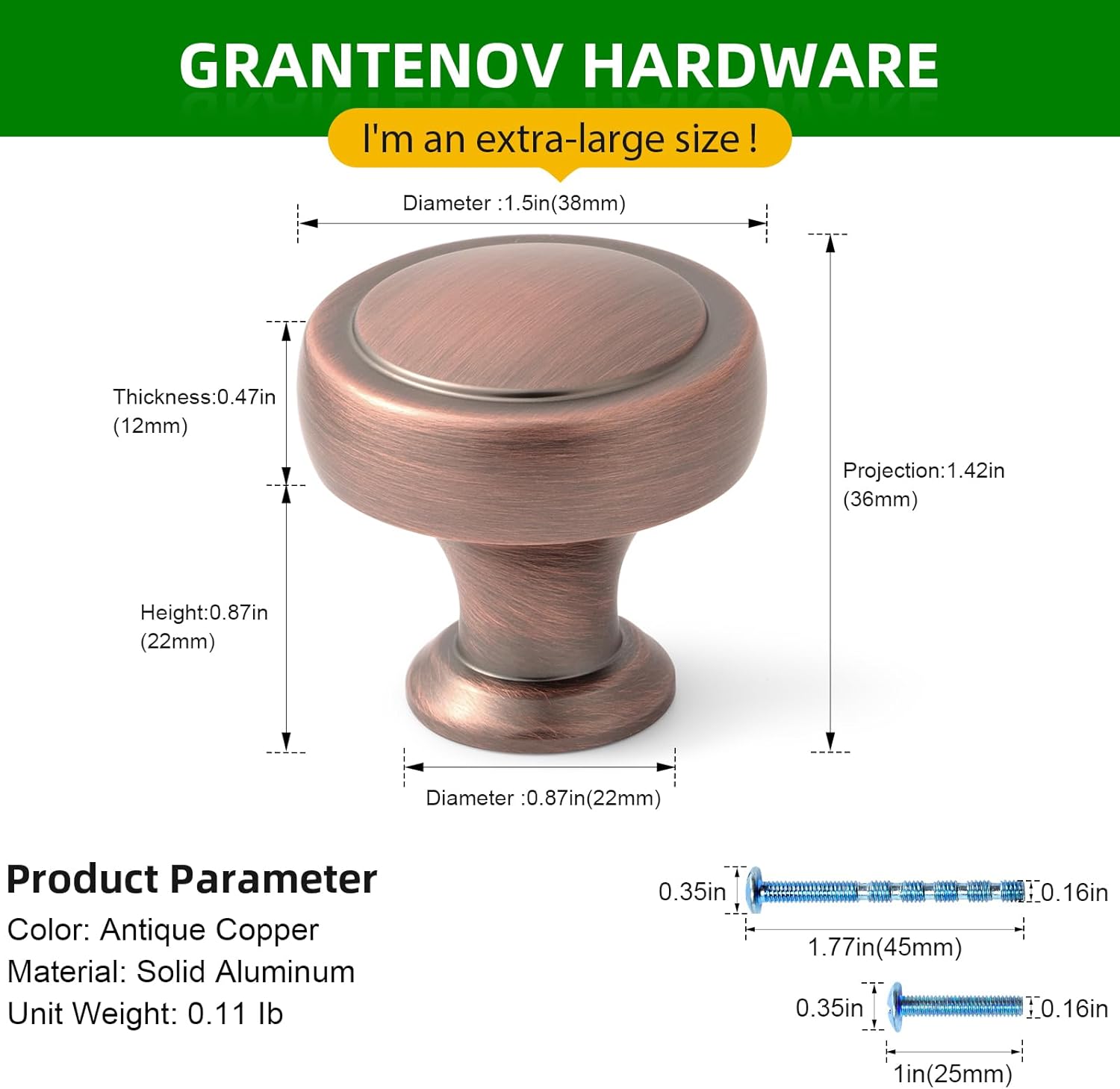 10 Pack Brushed Antique Copper Cabinet Knobs 1-1/2 inch (38mm) Diameter Cabinet Handles Round Dresser Knobs Single Hole Drawer Pulls for Bathroom Drawers