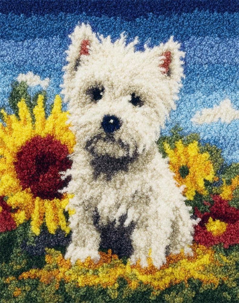 FWRTYCB Latch Hook Kits Rug Westie Dog Puppy Sunflower