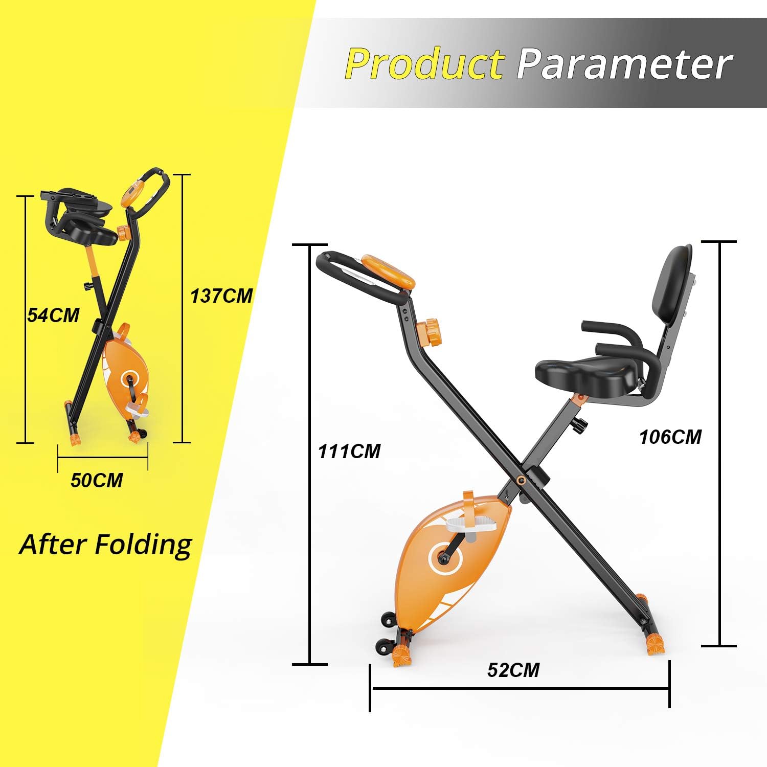 Schéma illustrant les dimensions du vélo d'exercice pliable CITYSPORTS déplié et plié.