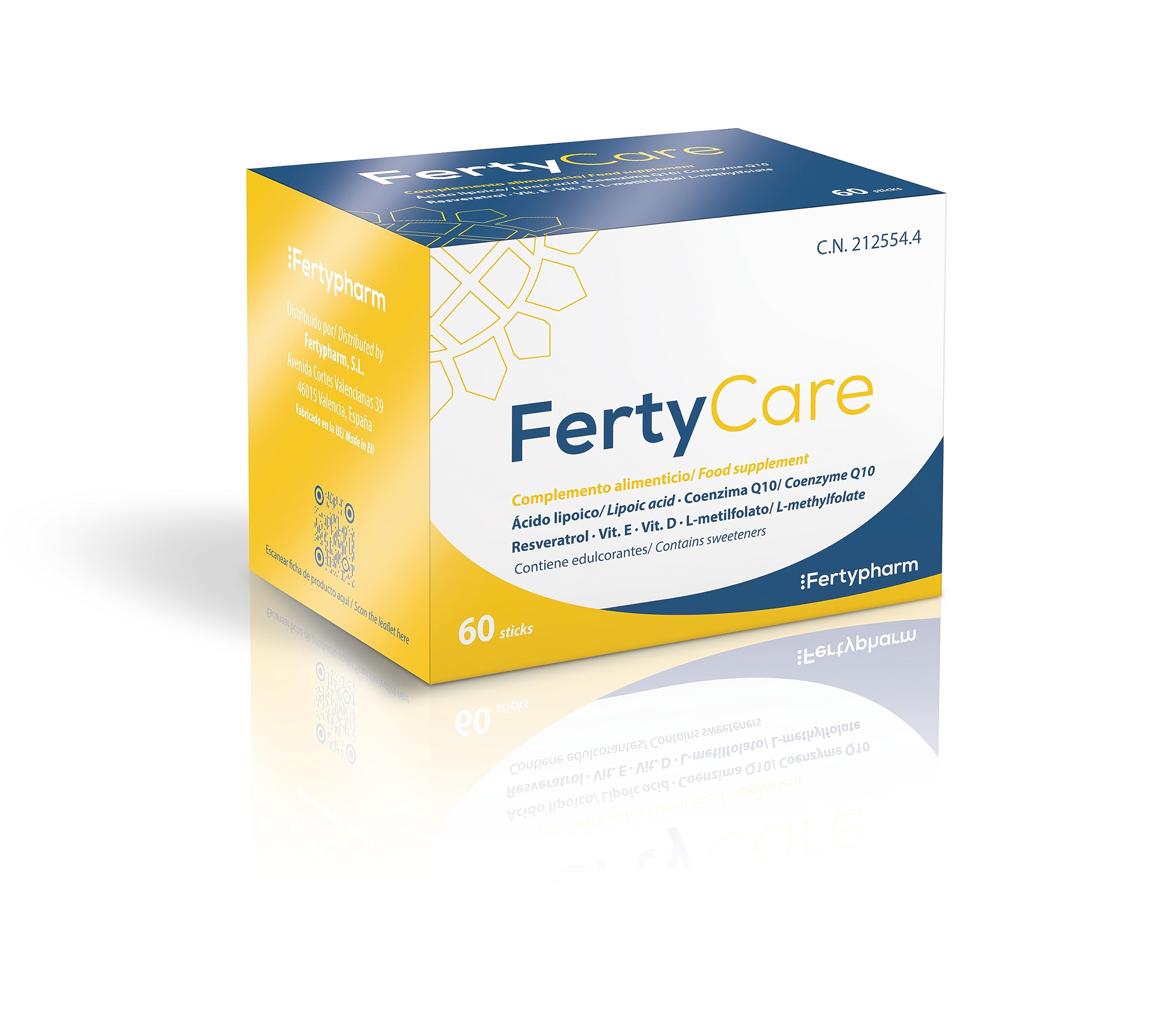 FERTYCARE | Complemento alimenticio | Ácido lipoico, Coenzima Q10, Resveratrol, Vitamina D, Vitamina E y Ácido fólico (L-metilfolato)| 60 sticks