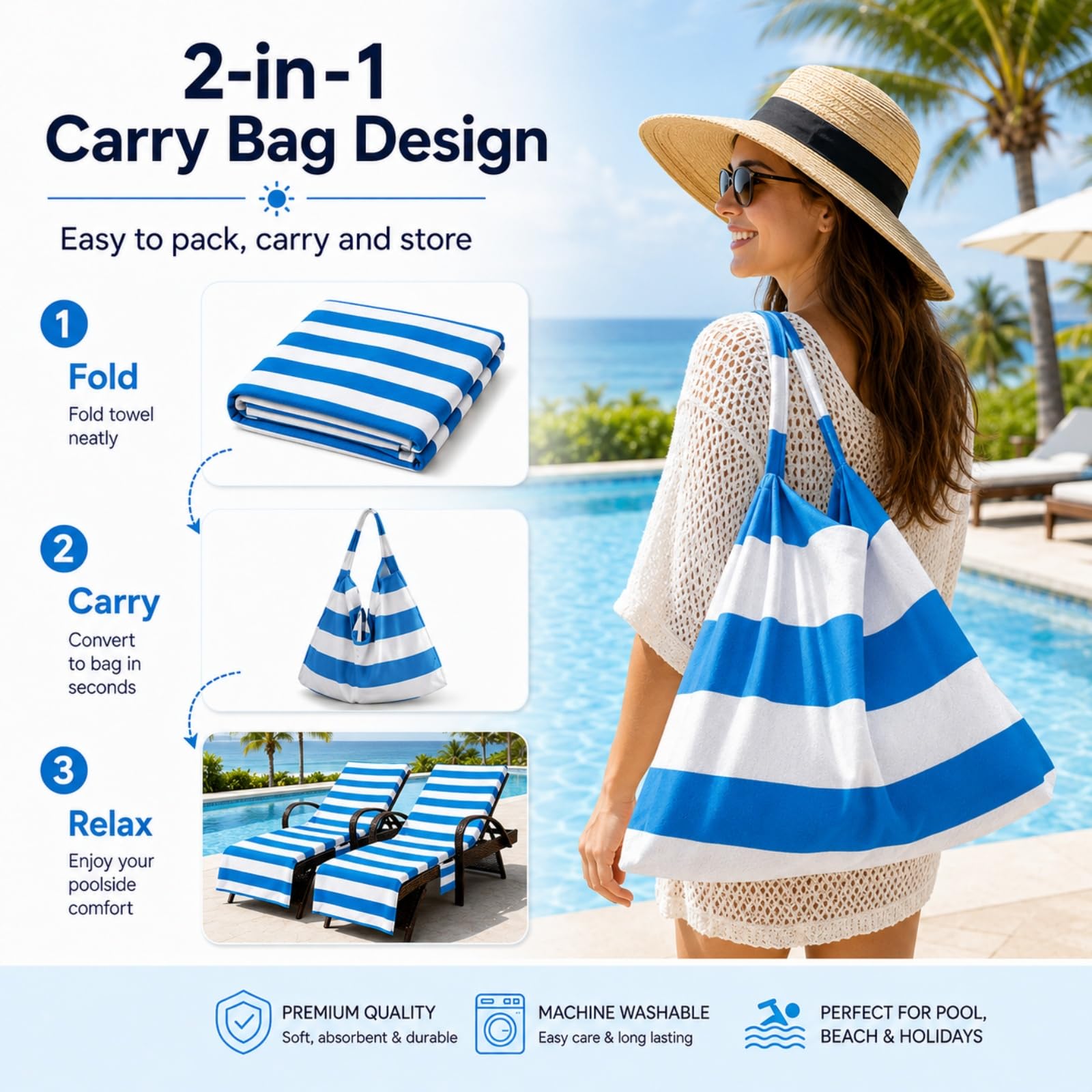 2er Pack Strandtuch mit Seitentaschen (Sternblüten,210x74cm) | Liegetuch mit Kapuze Anti-Rutsch Schnelltrocknend Mikrofaser Handtuch für Sonnenliege Gartenliege & Pool