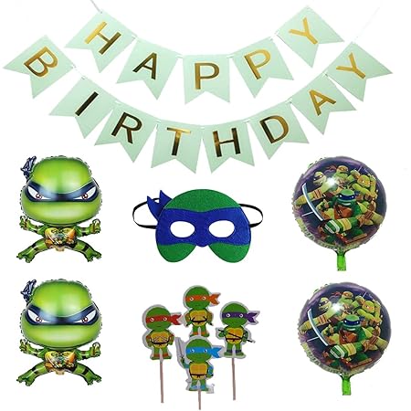Amazon Co Jp ニンジャ タートルズ 誕生日 飾り付け Ninja Turtles 亀 キャラクター ヒーロー 格好いい 子供 男の子 グリーン 面白い 可愛い 風船 バルーン ケーキトッパー Happy Birthday ガーランド マスク 18枚セット おもちゃ