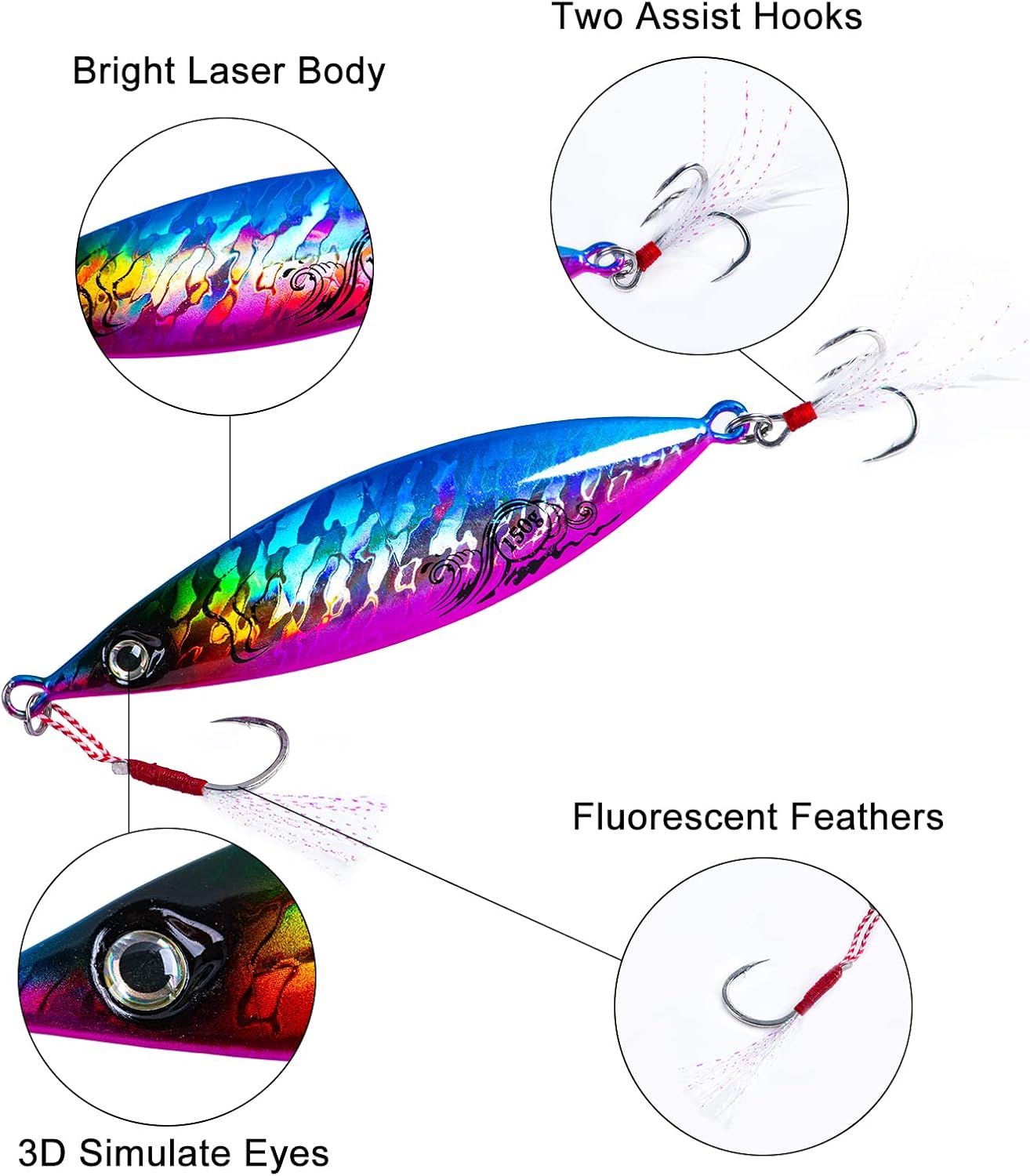 Goture Saltwater Fishing Jigs, Glow Vertical Jigs with Assist Hook Speed Fast Lead Jig Deep Sea Fishing Jigging Spoon Lures 10g-200g for Tuna, Salmon, Sailfish, Striped bass, Grouper Snapper, Kingfish