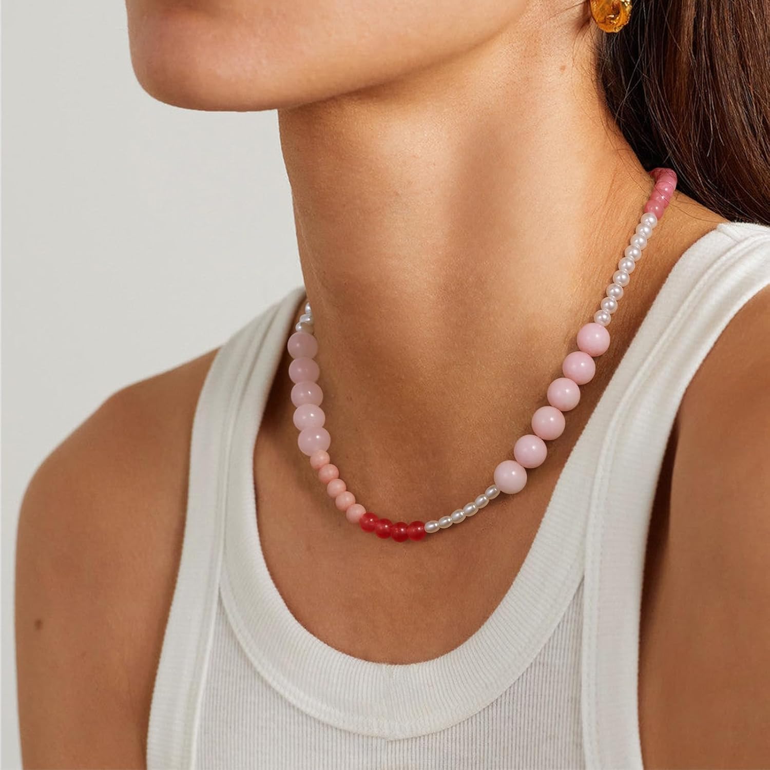 KissYan Beaded Necklaces for Women, 14K Gold Plated Natural Gemstones Beach Choker, Boho Handmade Crystal Ball Chain Pink Blue Stone Summer Jewelry Gifts - Image 5