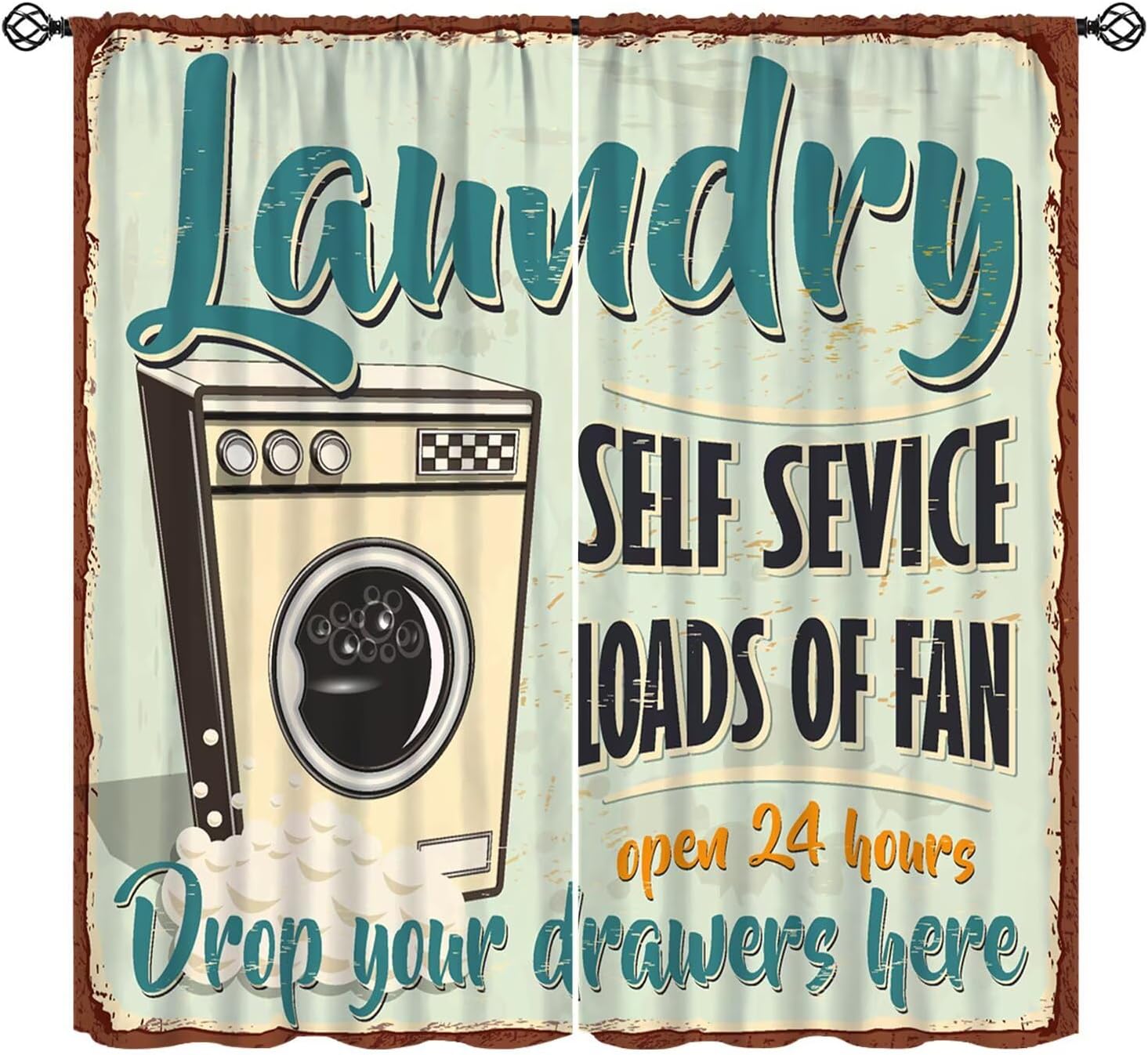 70s Self Service Laundry Curtains,Retro Cabin Quotes Rustic Wash Farmhouse Blackout Rod Pocket Window Treatments for Aldult Kid Bedroom Bathroom Farmhouse Hotel Drapes Decorations 42"W X 63"L