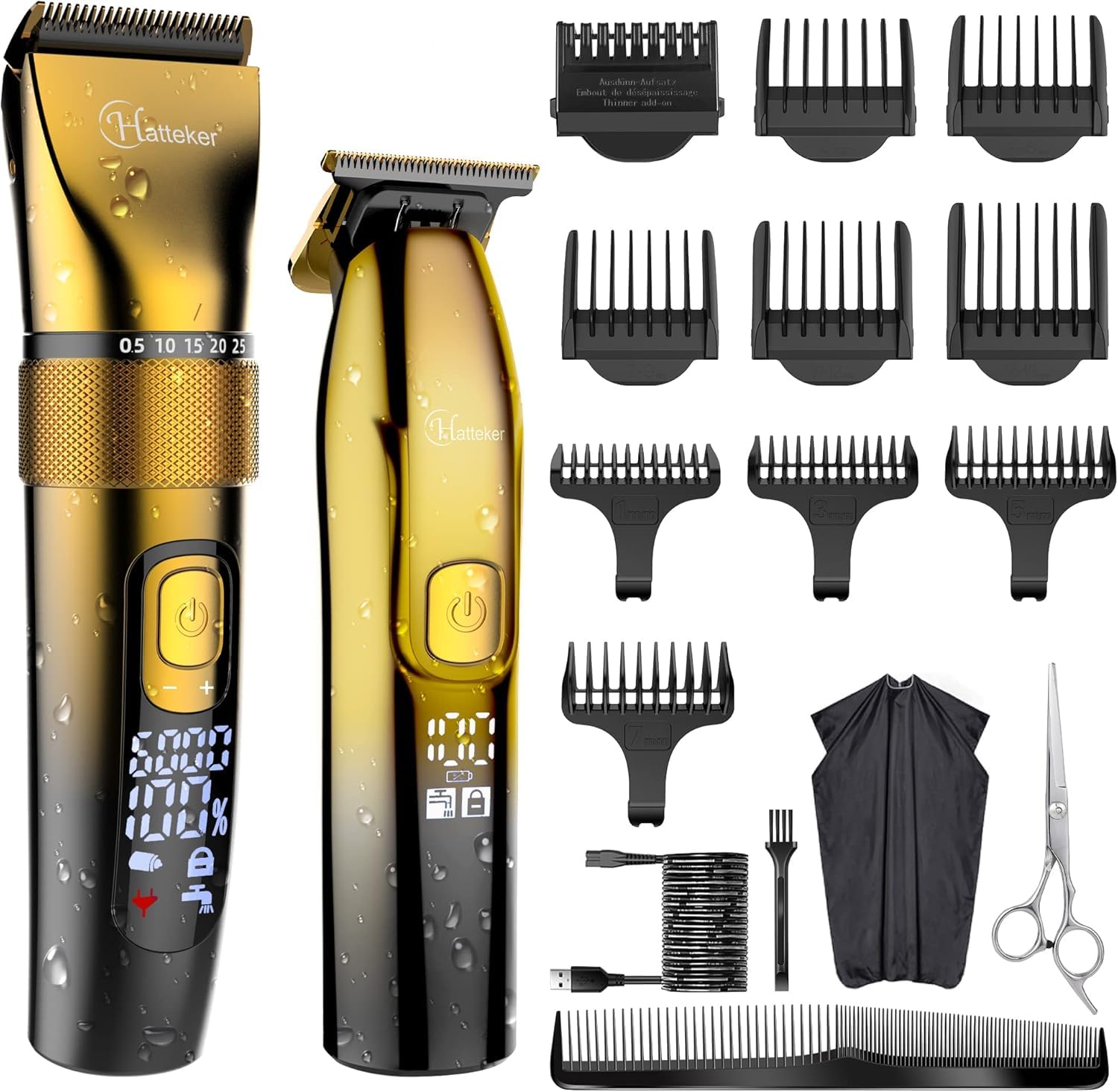 Hatteker Profi Haarschneidemaschine Set Haarschneider Pflegesets Barttrimmer Bartschneider Herren T-förmiger Trimmerkopf T-blade Trimmer Präzisionstrimmer IPX7 Wasserdicht （golden）