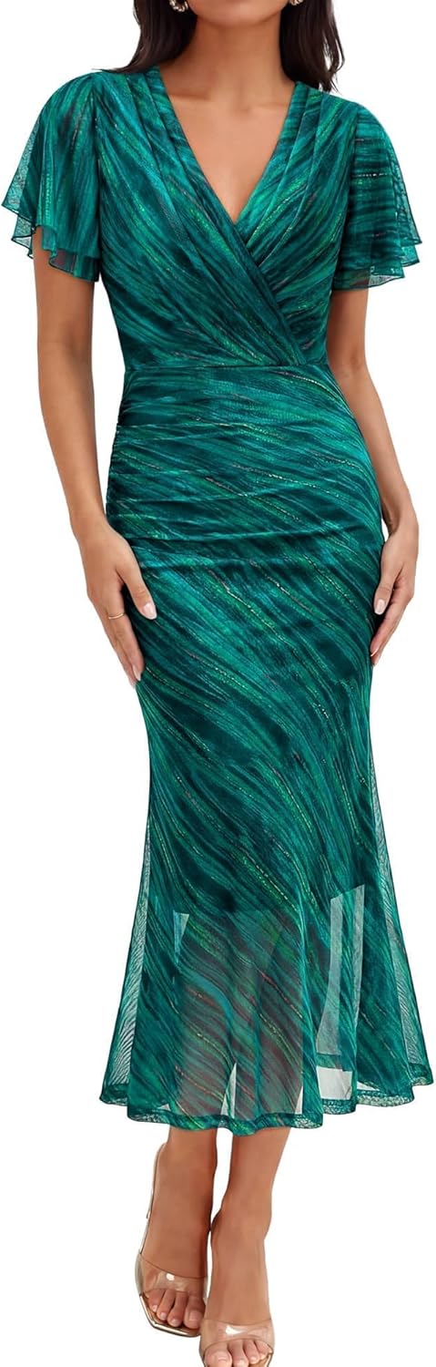 Gaharu Women's Summer Floral Bodycon Maxi Dress 2026 Ruched Mesh Ruffle Sleeve Spring Wedding Guest Cocktail Party Dresses