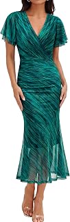 Women's Summer Floral Bodycon Maxi Dress 2026 Ruched Mesh Ruffle Sleeve Spring Wedding Guest Cocktail Party Dresses