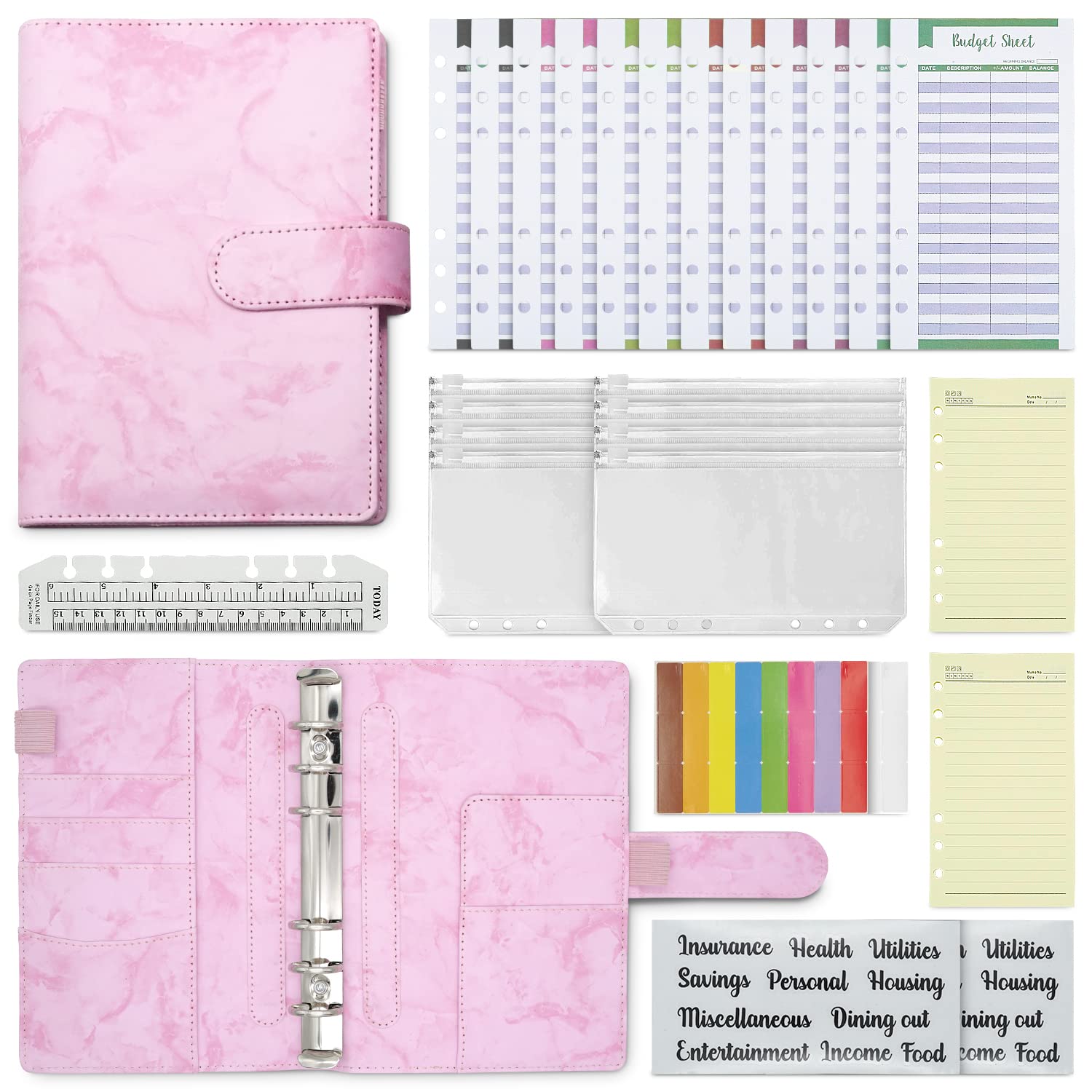 A6 PU Leather 51pcs Budget Binder Notebook - Money Saving Wallet with Plastic Money Wallet Organiser, Label Sticker, Ruler - Budget Planner & Cash Envelopes for Cash Stuffing Wallet UK - Pink