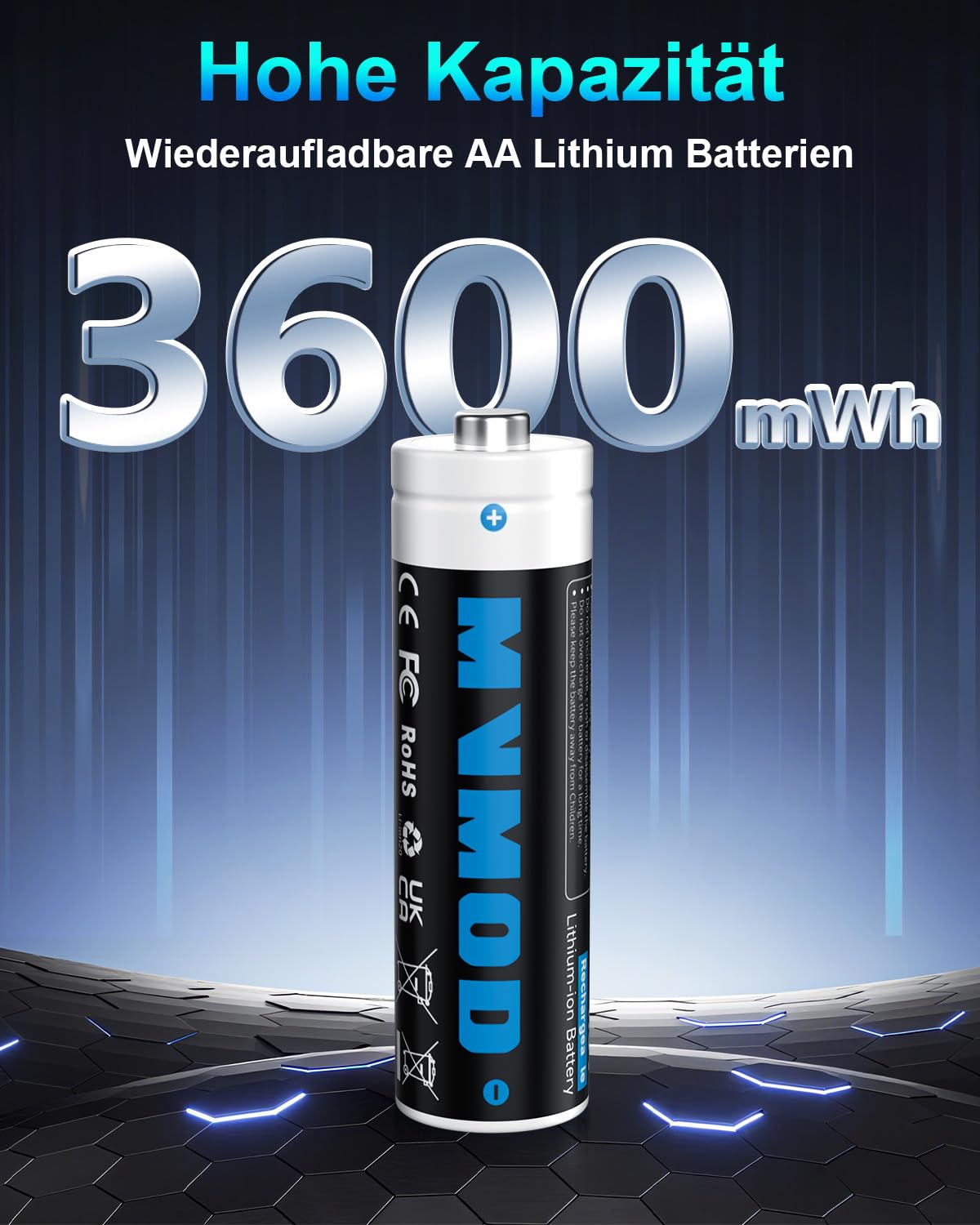 Wiederaufladbare AA Akkus 12er-Pack mit Ladegerät, 1,5V 3600mWh AA Wiederaufladbare Lithium Batterien mit Integrierter Schnelles Aufladen Aufbewahrungsbox (2000 Zyklen) Schwarz