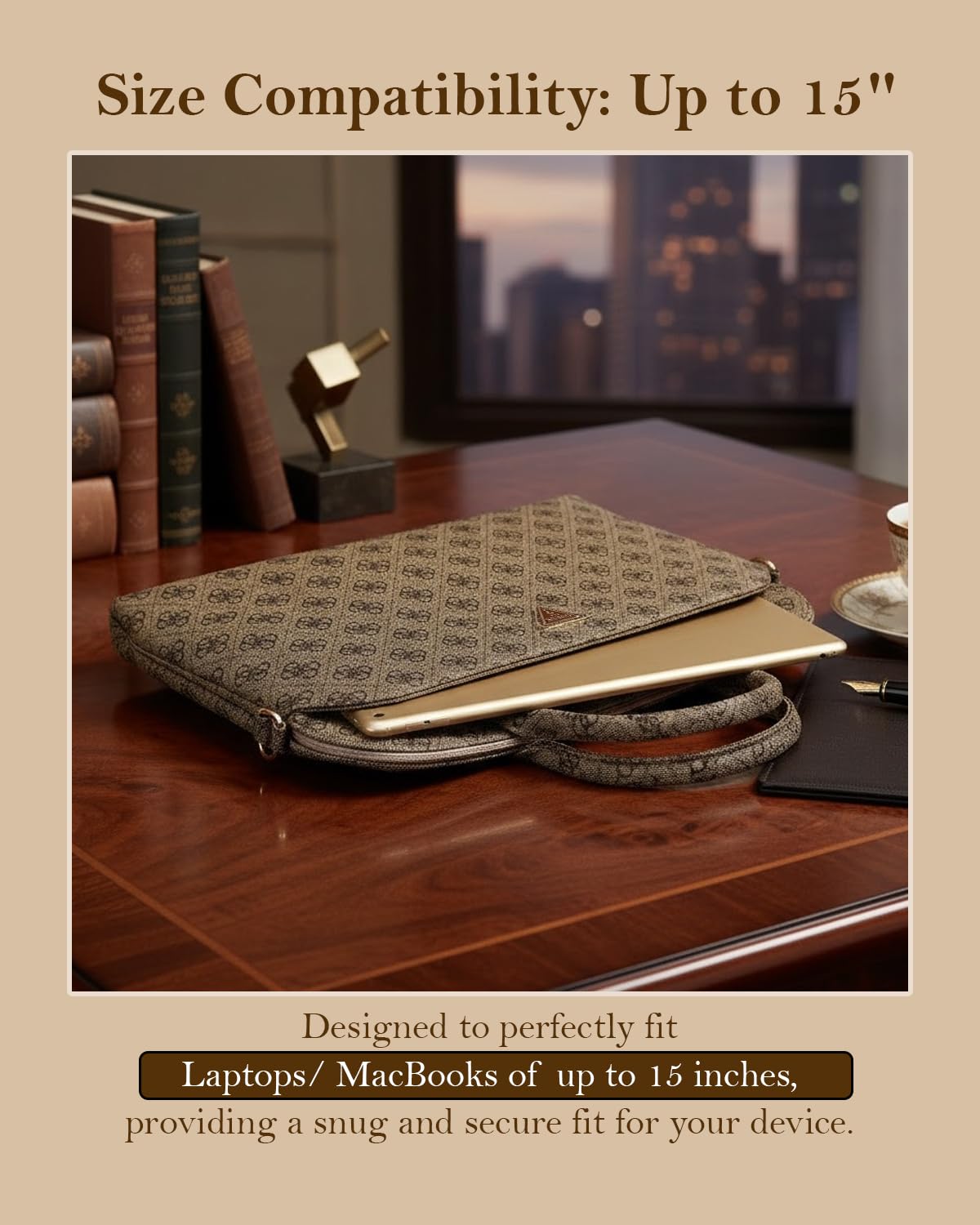 CG MOBILE Funda para portátil Guess 4G con cremallera y logotipo triángulo de 15 pulgadas (marrón)